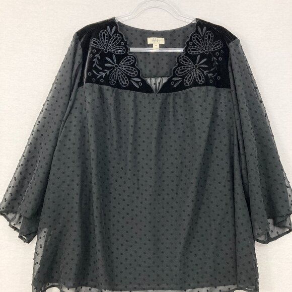 Style & Co size 3X Black Velvet Detail Swiss Dot 3/4 Sleeve Feminine Blouse - Picture 1 of 10